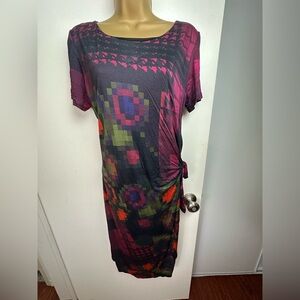 Desigual PinkRed Black Green Christina Artsy Digital Knotted Detail Dress NWT XL
